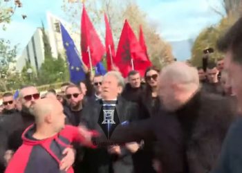 VIDEO/ Goditet me grusht Sali Berisha në protestë