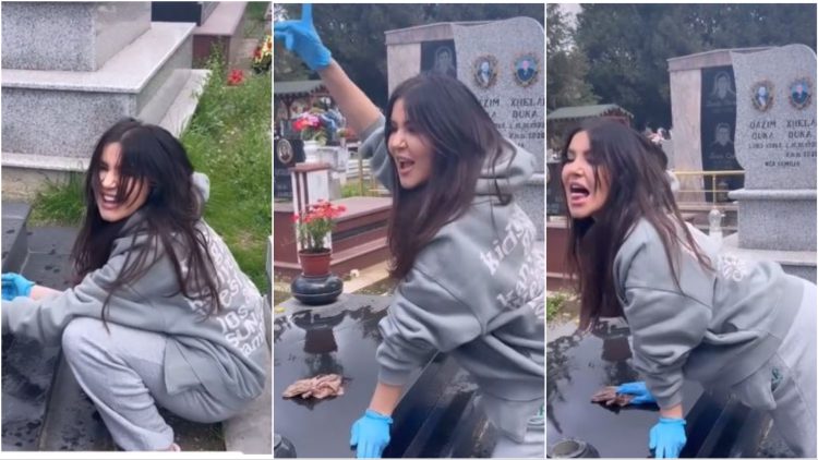 Skandal, Megi Pojani tallet te varri i të afërmes (VIDEO)