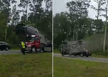 Si në filma, shikoni si ‘fluturon’ kjo makinë mbi karrotrec (VIDEO)