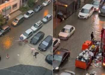 Tirana zgjohet me shi të rrëmbyeshëm, rëndohet trafiku