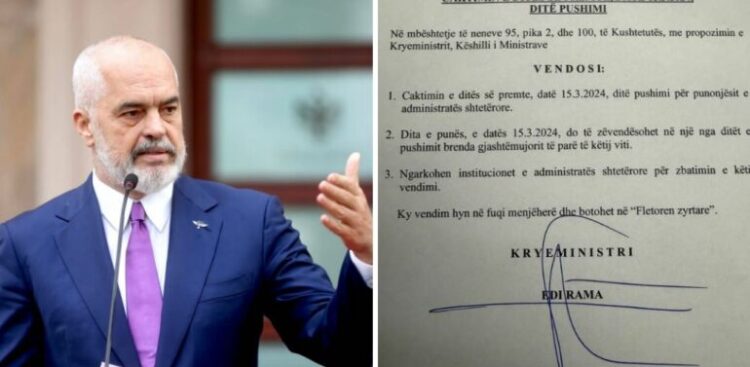 Rama njofton caktimin e datës 15 si pushim për administratën