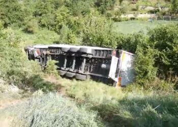 Trajleri del nga rruga në Librazhd dhe rrokulliset poshtë në ara