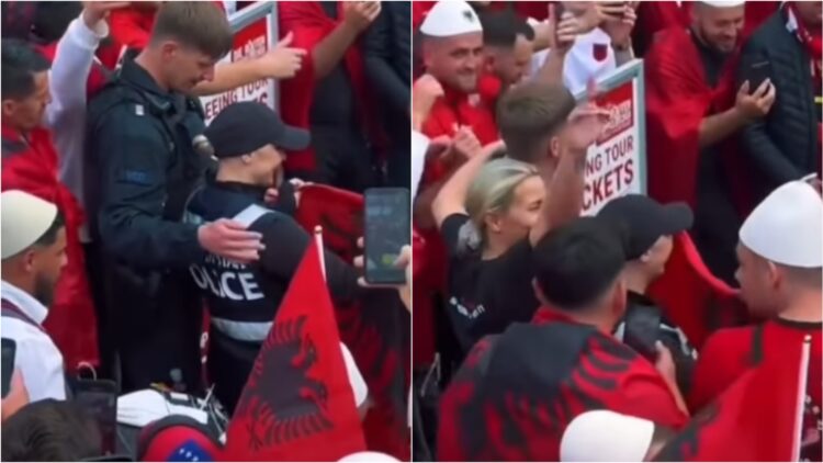 VIDEO/ Atmosferë festive para ndeshjes, policët gjermanë ja marrin valles me tifozët shqiptarë