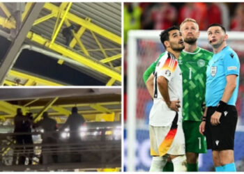 Nuk ishin rrufetë/ Ja pse u vonua rifillimi i lojës Gjermani Danimarkë, një person i maskuar në tarracë…