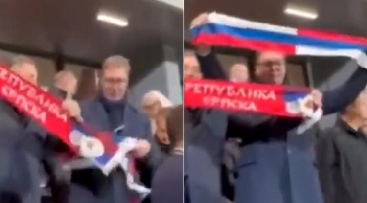 Vuçiç në versionin ultras, shfaqet në stadium me flamurin rus dhe serb