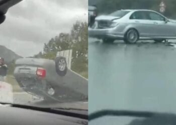 Aksident i trefishtë në Tiranë-Elbasan, njëra përfundon përmbys në autostradë