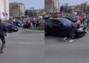Beograd/ Makina futet mes turmës dhe merr zvarrë një protestues (VIDEO)