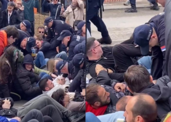 Studentët serbë godasin me vezë autobusin me mbështetësit e Vuçiç, përplasen me policinë