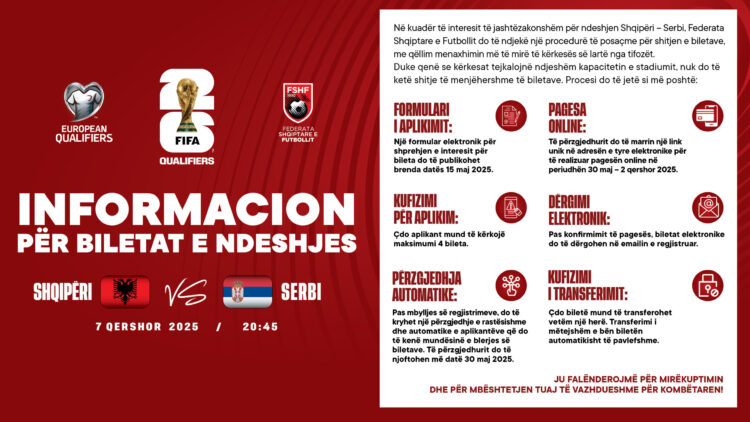Botërori 2026/ Informacion për shitjen e biletave të ndeshjes Shqipëri – Serbi