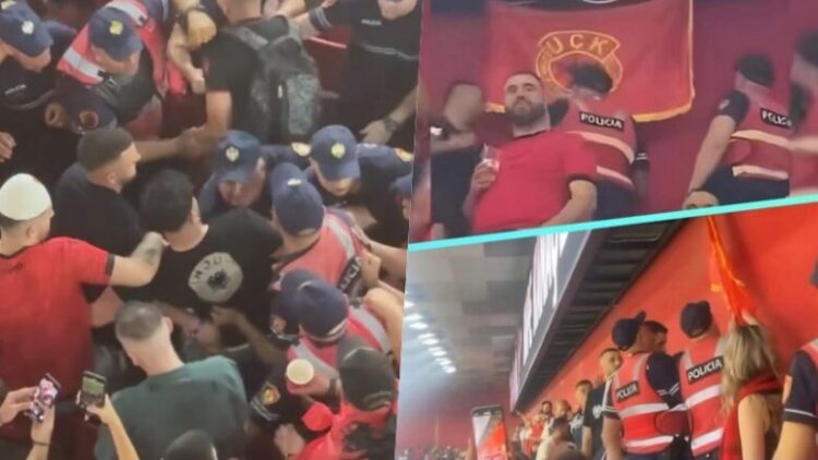 Policia heq flamurin e UÇK nga stadiumi, largon edhe një tifoz me fanellë me stemë