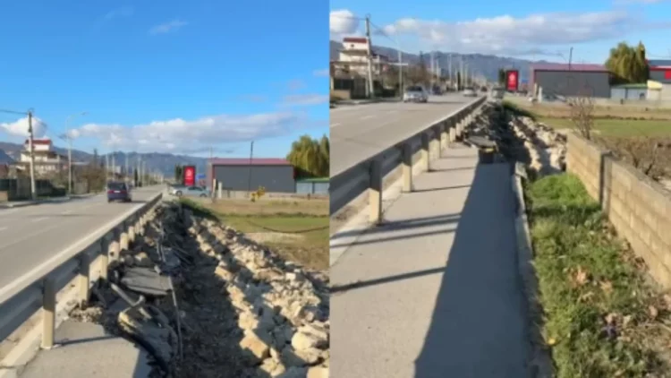 U rikonstruktua para disa vitesh, shembet një pjesë e trotuarit në aksin Pogradec–Qafë Plloçë