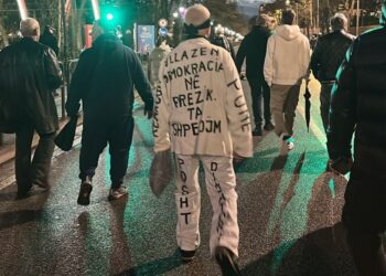 “Vllazën, demokracia në rrezik”, protestuesi tërheq vëmendjen me veshjen e pazakontë