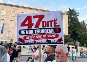 “47 ditë, ne nuk tërhiqemi, nesër më shumë”/ Pankarta pikante në protestë