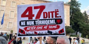 “47 ditë, ne nuk tërhiqemi, nesër më shumë”/ Pankarta pikante në protestë