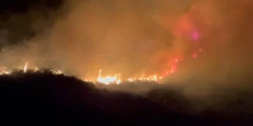 Zjarr i madh në Qishbardhë të Vlorës, era e fortë favorizon përhapjen e flakëve