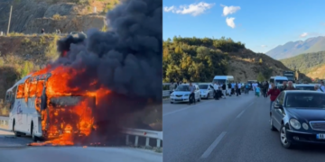 Autobusi me turistë shpërthen në flakë në hyrje të tunelit të Elbasanit