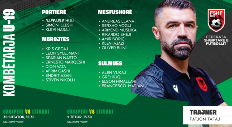 Miqësoret e Kombëtares U-19 kundër Lituanisë, trajneri Fatjon Tafaj fton 22 lojtarë
